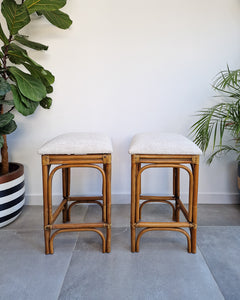 Vintage Bamboo Bar / Kitchen Upholstered Stools (Pair)