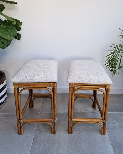 Vintage Bamboo Bar / Kitchen Upholstered Stools (Pair)