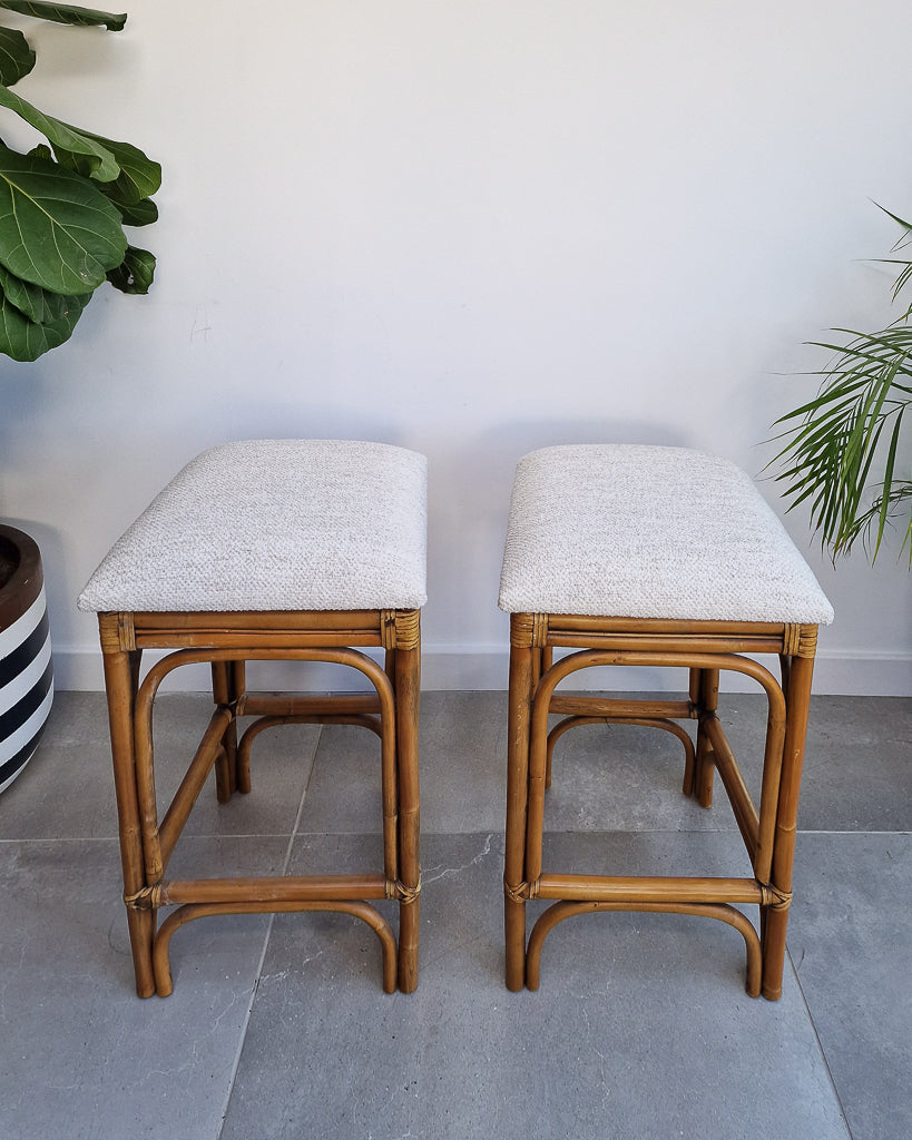 Vintage Bamboo Bar / Kitchen Upholstered Stools (Pair)