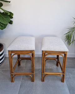 Vintage Bamboo Bar / Kitchen Upholstered Stools (Pair)