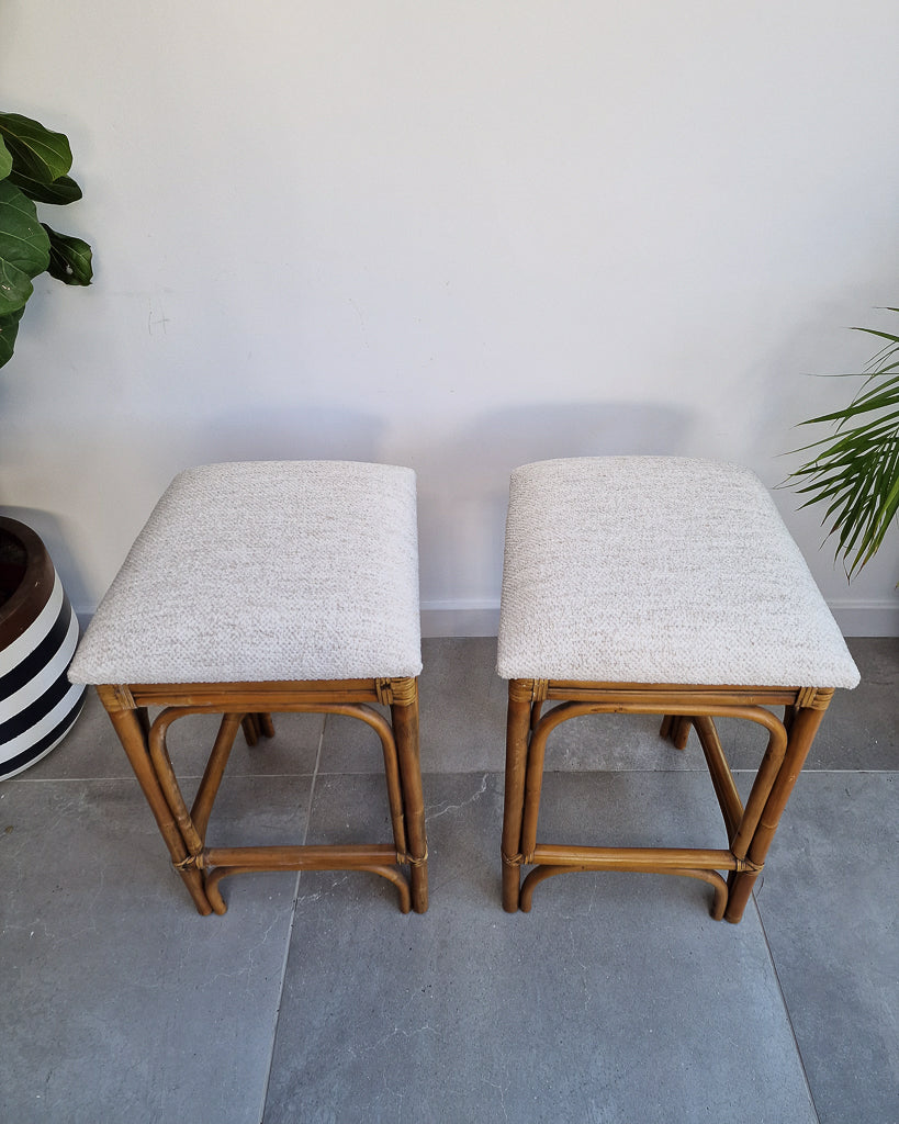 Vintage Bamboo Bar / Kitchen Upholstered Stools (Pair)