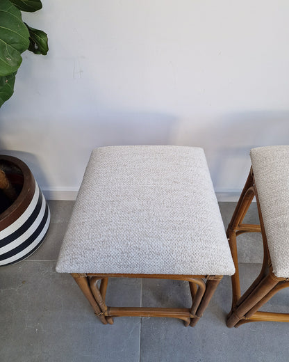Vintage Bamboo Bar / Kitchen Upholstered Stools (Pair)