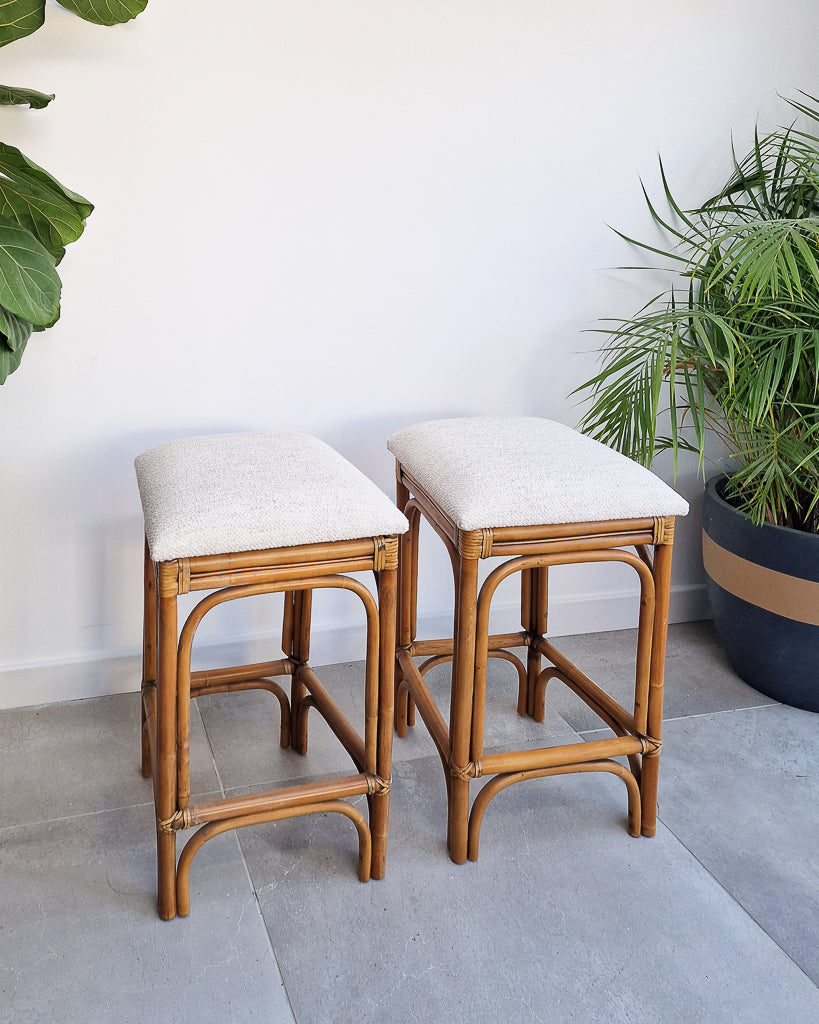 Vintage Bamboo Bar / Kitchen Upholstered Stools (Pair)