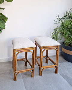 Vintage Bamboo Bar / Kitchen Upholstered Stools (Pair)