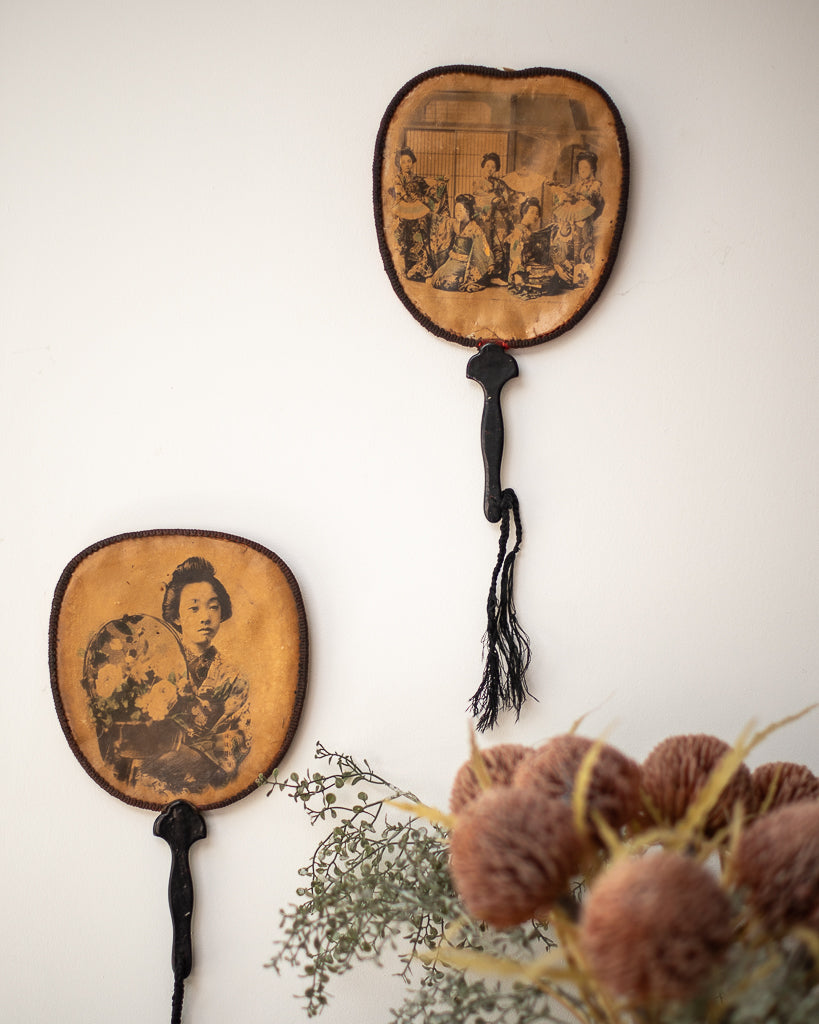 Antique Japanese Lacquered Geisha Girl Fan / Wall Art
