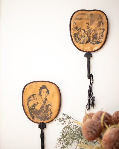 Antique Japanese Lacquered Geisha Girl Fan / Wall Art