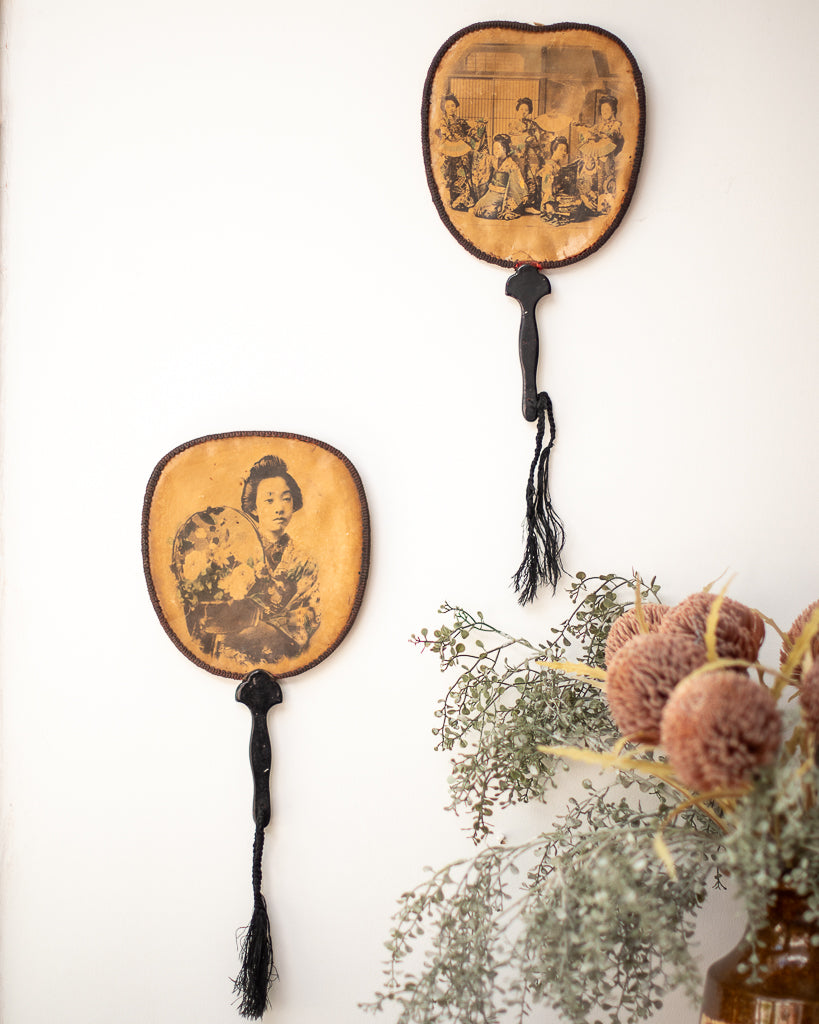 Antique Japanese Lacquered Geisha Girl Fan / Wall Art