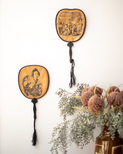 Antique Japanese Lacquered Geisha Girl Fan / Wall Art