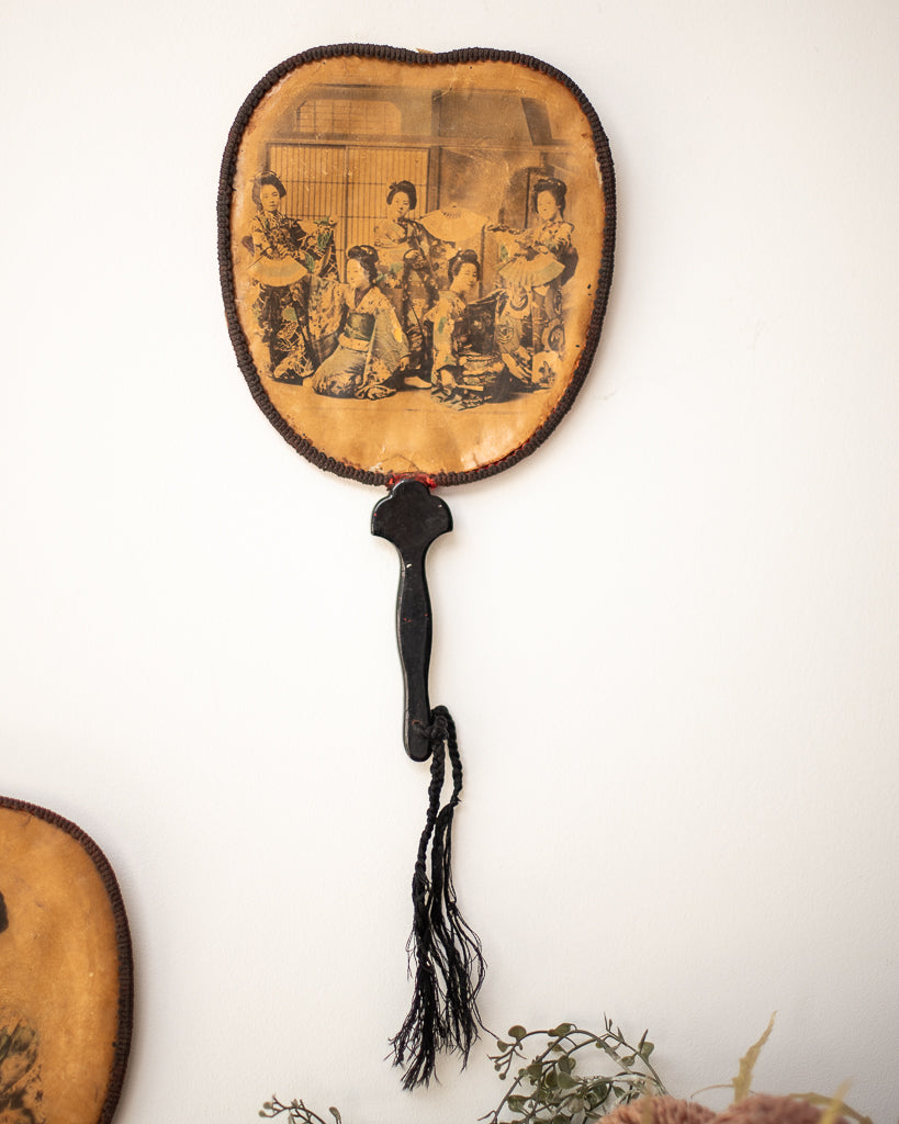 Antique Japanese Lacquered Geisha Girl Fan / Wall Art