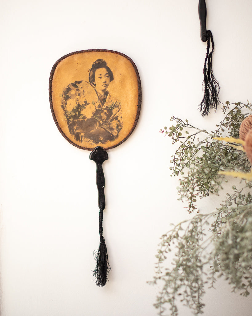 Antique Japanese Lacquered Geisha Girl Fan / Wall Art