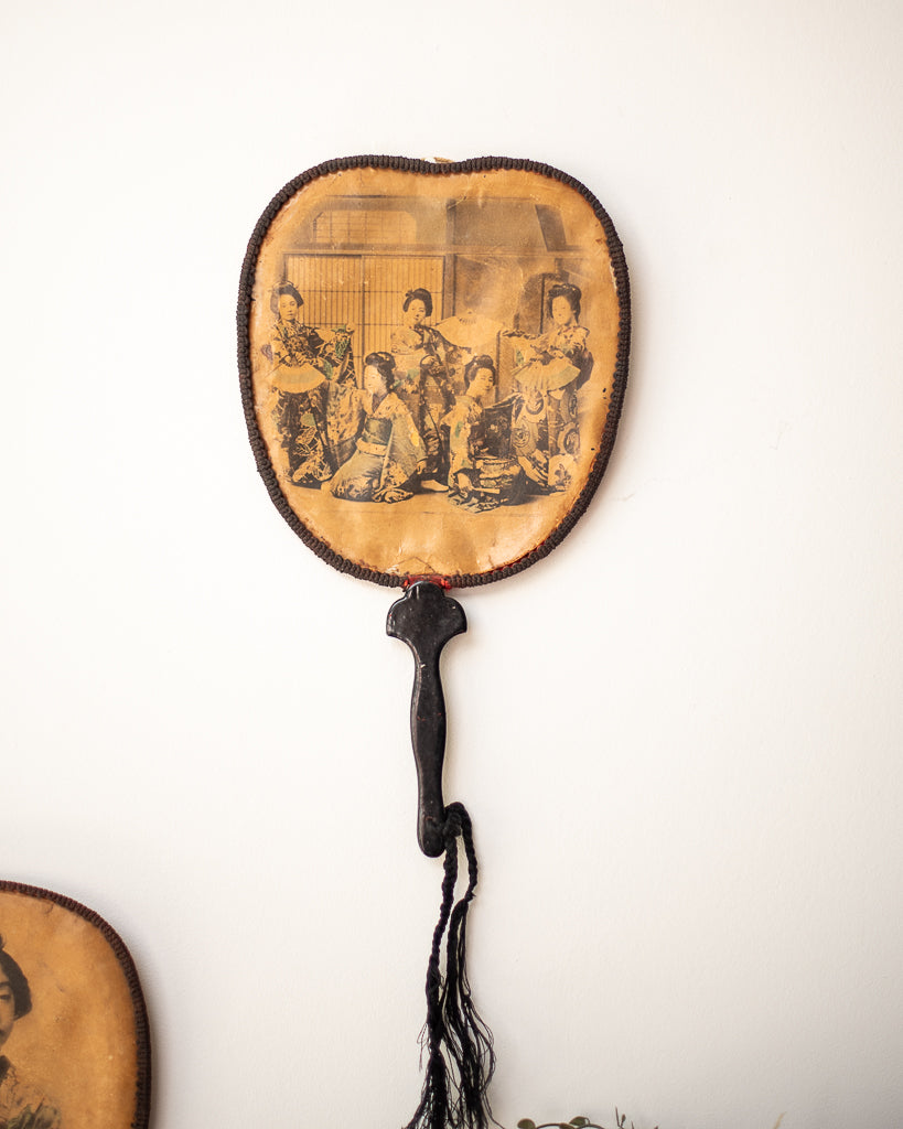 Antique Japanese Lacquered Geisha Girl Fan / Wall Art