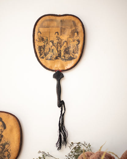 Antique Japanese Lacquered Geisha Girl Fan / Wall Art