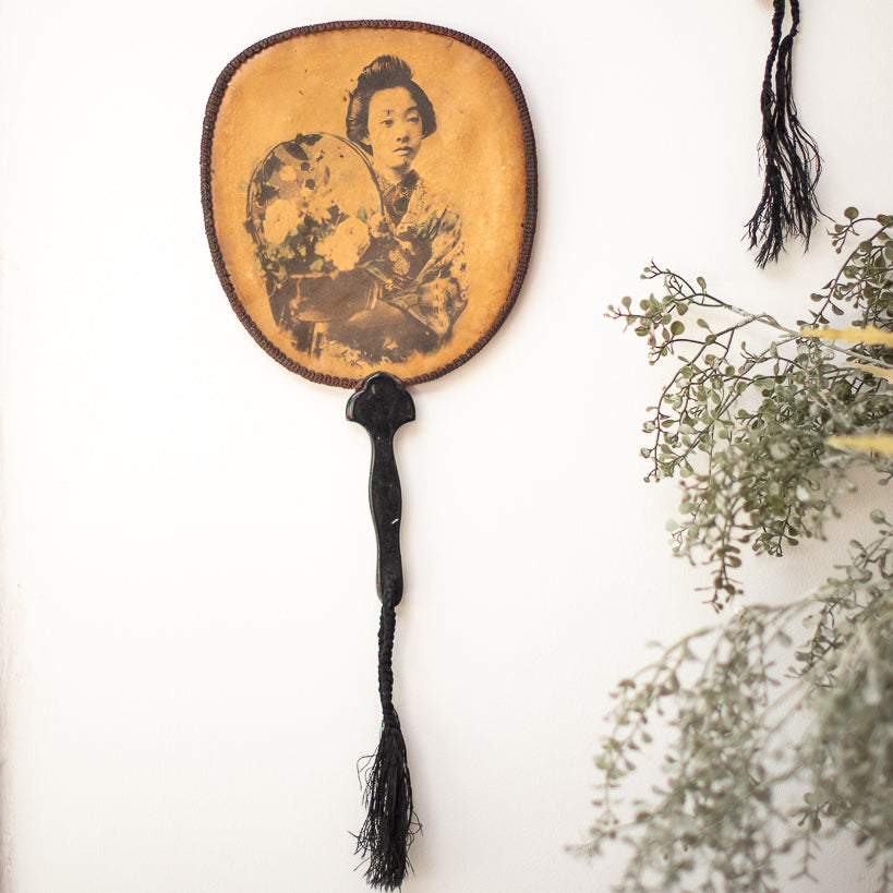 Antique Japanese Lacquered Geisha Girl Fan / Wall Art