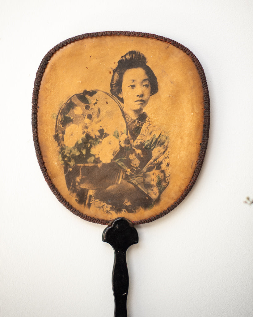 Antique Japanese Lacquered Geisha Girl Fan / Wall Art