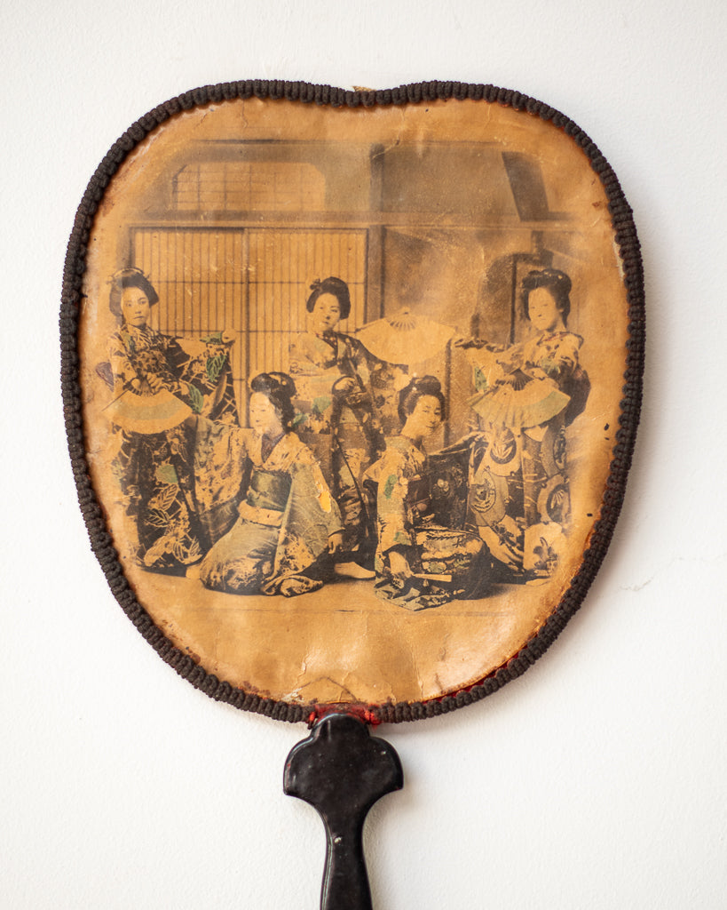 Antique Japanese Lacquered Geisha Girl Fan / Wall Art