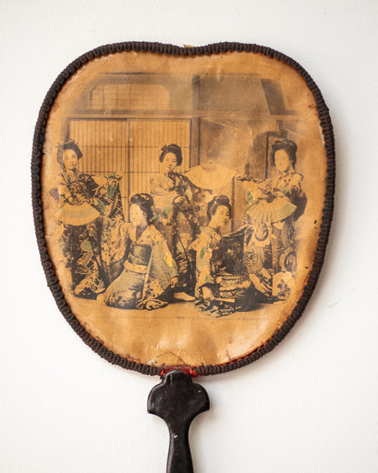 Antique Japanese Lacquered Geisha Girl Fan / Wall Art