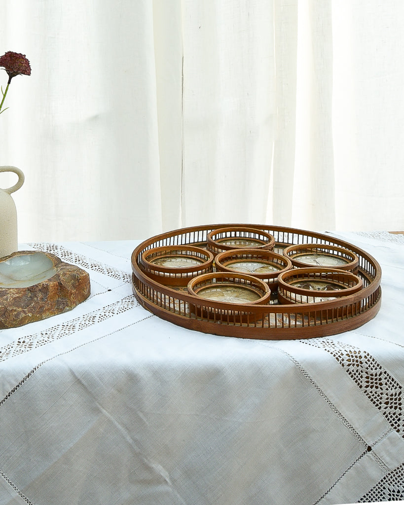 Mid Century Bamboo, Rattan & Glass Butterflies Tray & Coasters