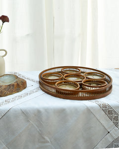 Mid Century Bamboo, Rattan & Glass Butterflies Tray & Coasters