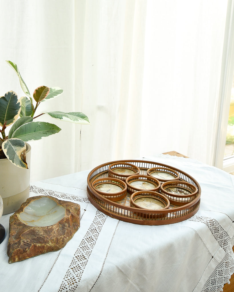 Mid Century Bamboo, Rattan & Glass Butterflies Tray & Coasters