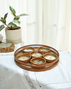 Mid Century Bamboo, Rattan & Glass Butterflies Tray & Coasters