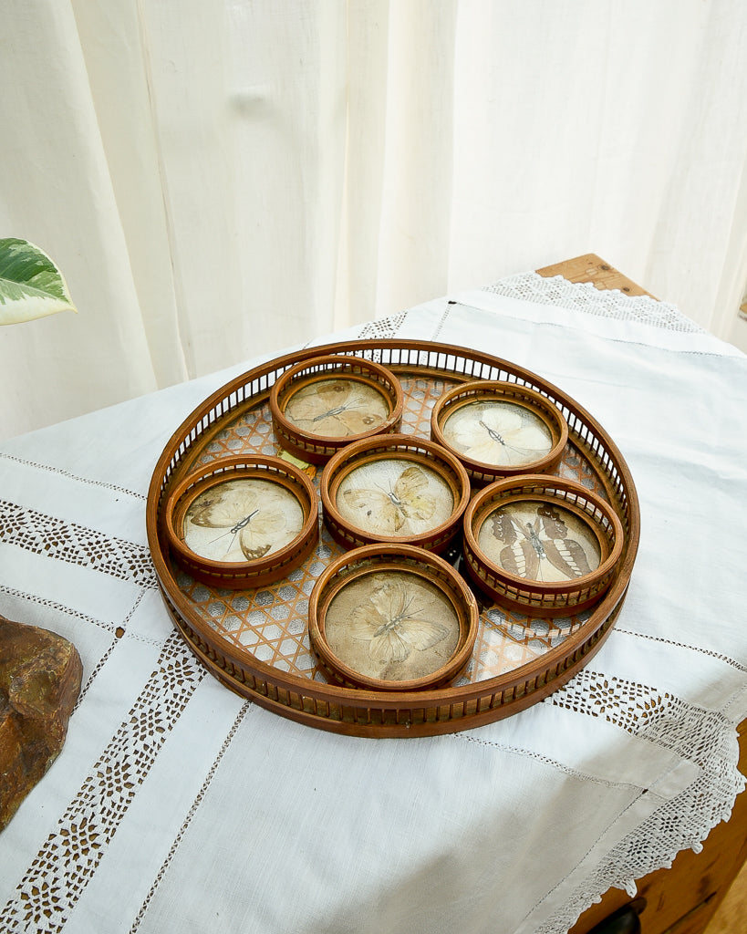 Mid Century Bamboo, Rattan & Glass Butterflies Tray & Coasters