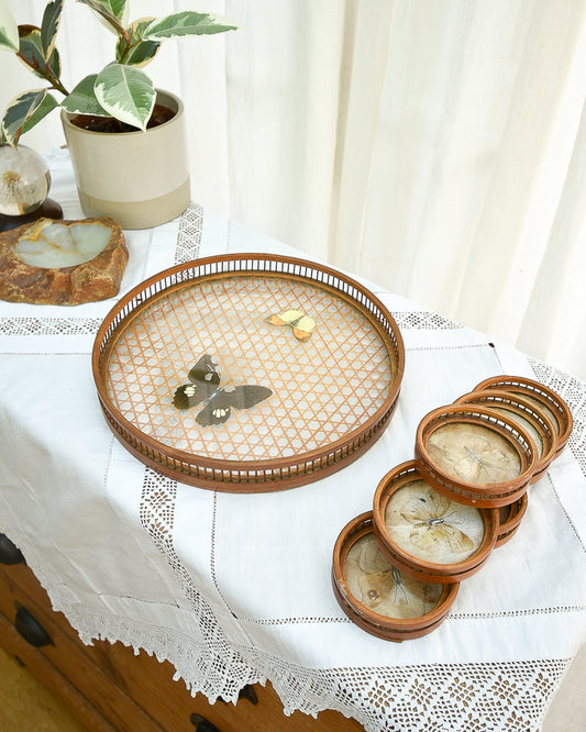 Mid Century Bamboo, Rattan & Glass Butterflies Tray & Coasters