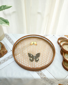 Mid Century Bamboo, Rattan & Glass Butterflies Tray & Coasters
