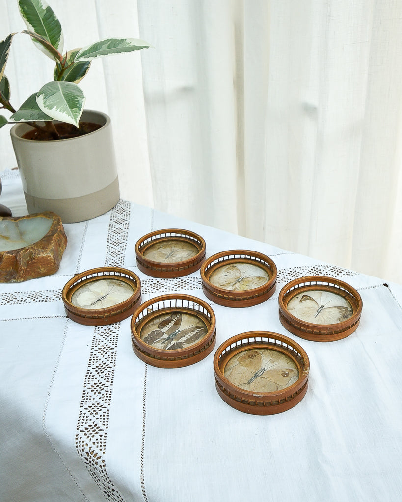 Mid Century Bamboo, Rattan & Glass Butterflies Tray & Coasters