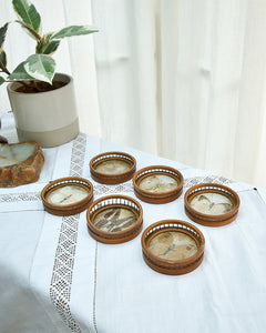 Mid Century Bamboo, Rattan & Glass Butterflies Tray & Coasters