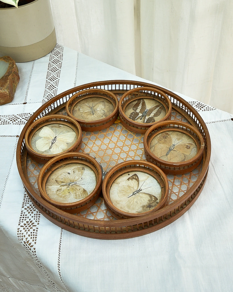 Mid Century Bamboo, Rattan & Glass Butterflies Tray & Coasters