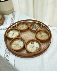 Mid Century Bamboo, Rattan & Glass Butterflies Tray & Coasters