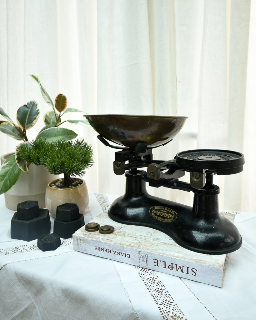 Mid Century Black Painted & Brass Scales & Weights