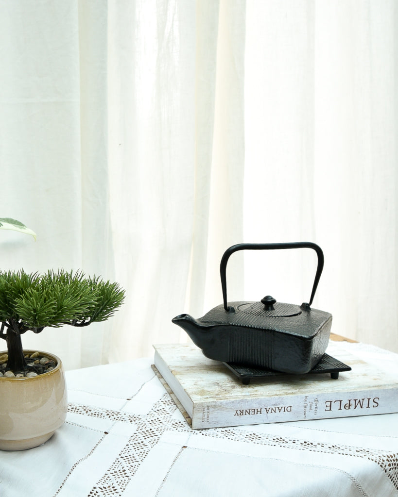 Black teapot on a stack of books with a plant and white curtain in the background