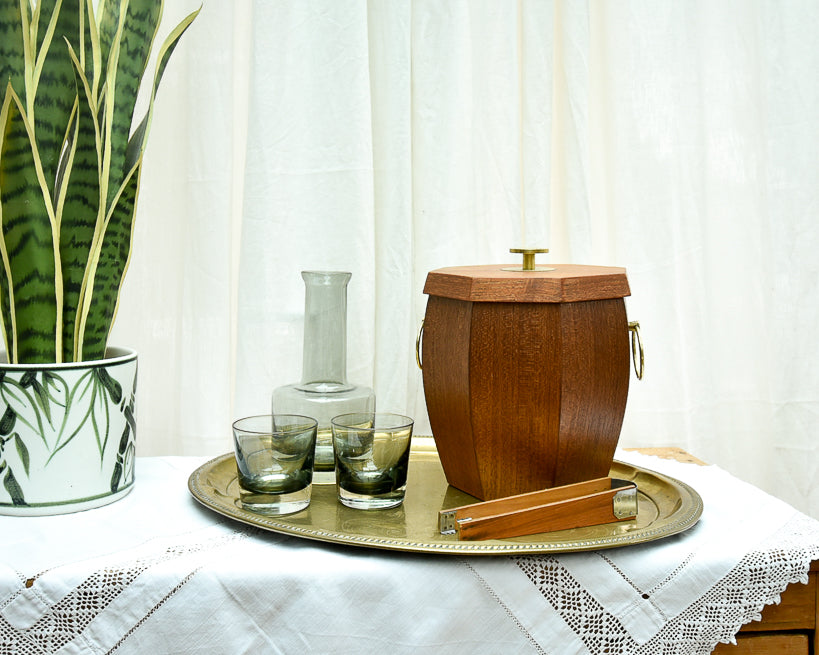 Mid Century Danish Teak & Brass Ice Bucket & Tongs