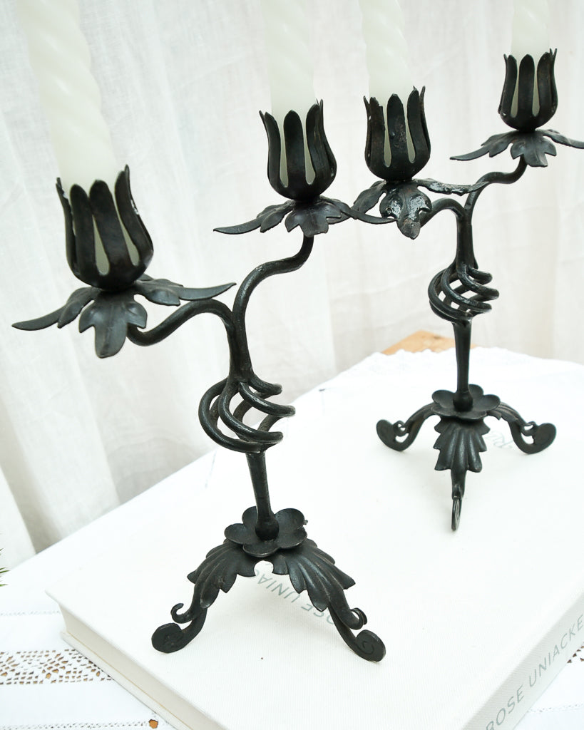 Mid Century Spanish Revival Cast Iron Candlesticks / Candle Holder