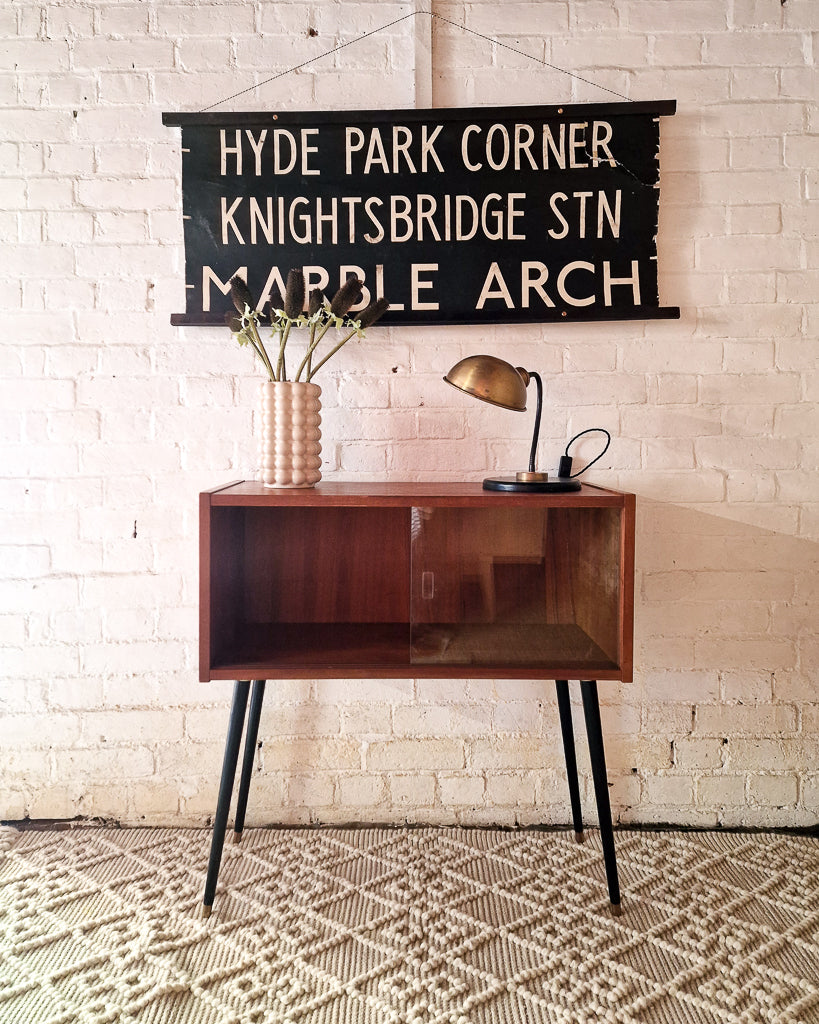 Mid Century Small Cocktail Cabinet / Sideboard Glass Sliding Door