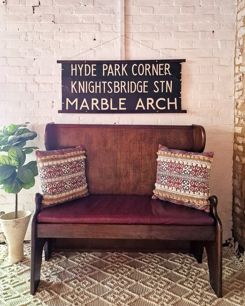 Mid Century 1930s / 1940s Oak & Burgundy Leather Seat Hallway Bench / Settle
