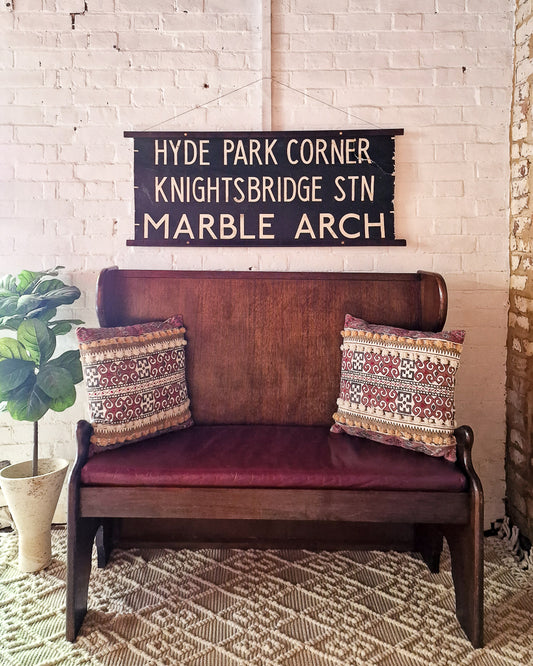 Mid Century 1930s / 1940s Oak & Burgundy Leather Seat Hallway Bench / Settle