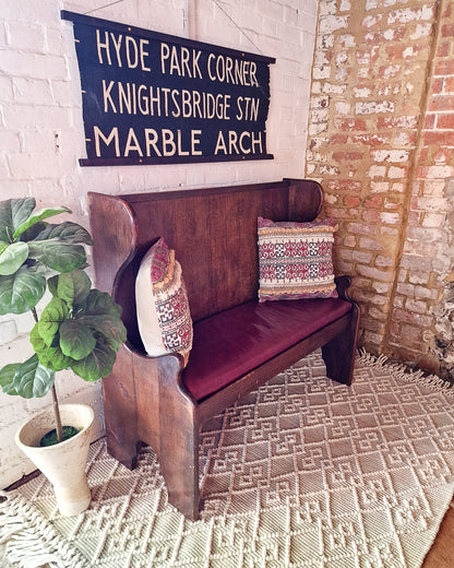 Mid Century 1930s / 1940s Oak & Burgundy Leather Seat Hallway Bench / Settle