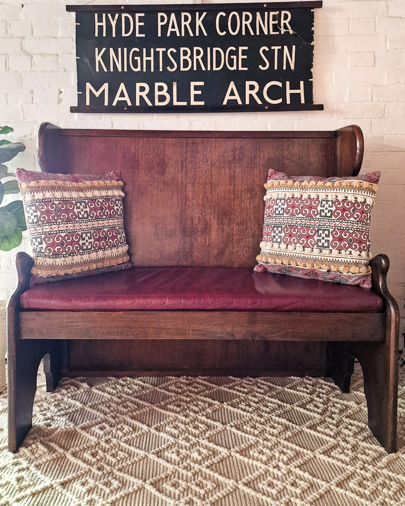 Mid Century 1930s / 1940s Oak & Burgundy Leather Seat Hallway Bench / Settle