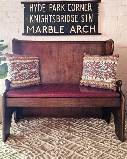 Mid Century 1930s / 1940s Oak & Burgundy Leather Seat Hallway Bench / Settle