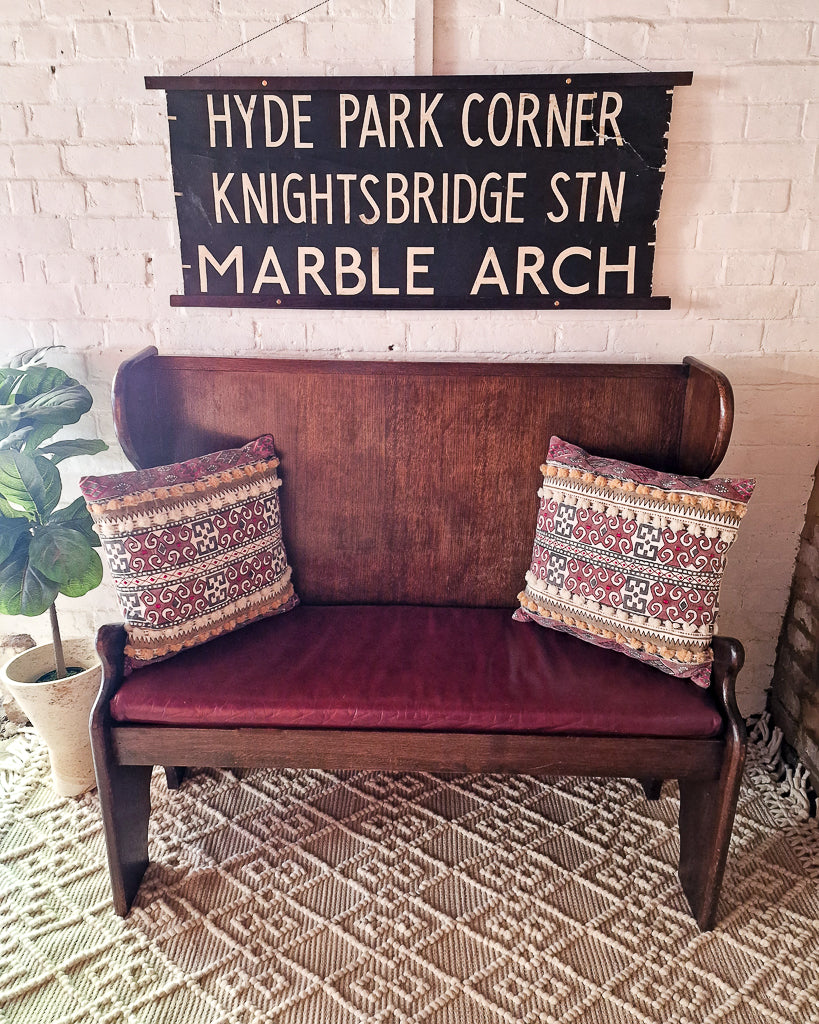 Mid Century 1930s / 1940s Oak & Burgundy Leather Seat Hallway Bench / Settle