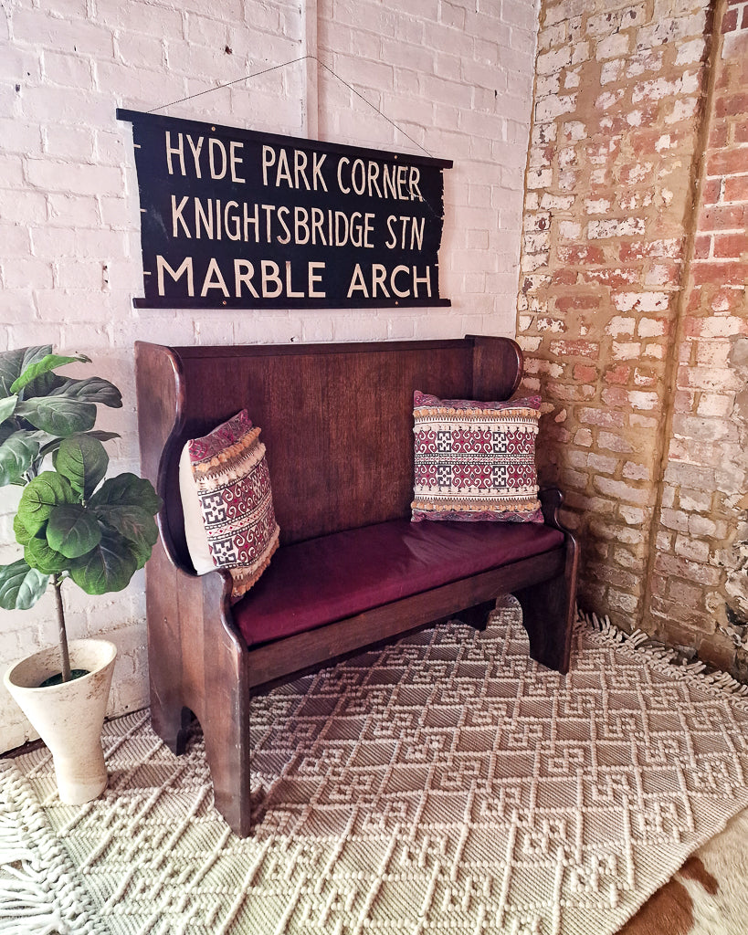 Mid Century 1930s / 1940s Oak & Burgundy Leather Seat Hallway Bench / Settle