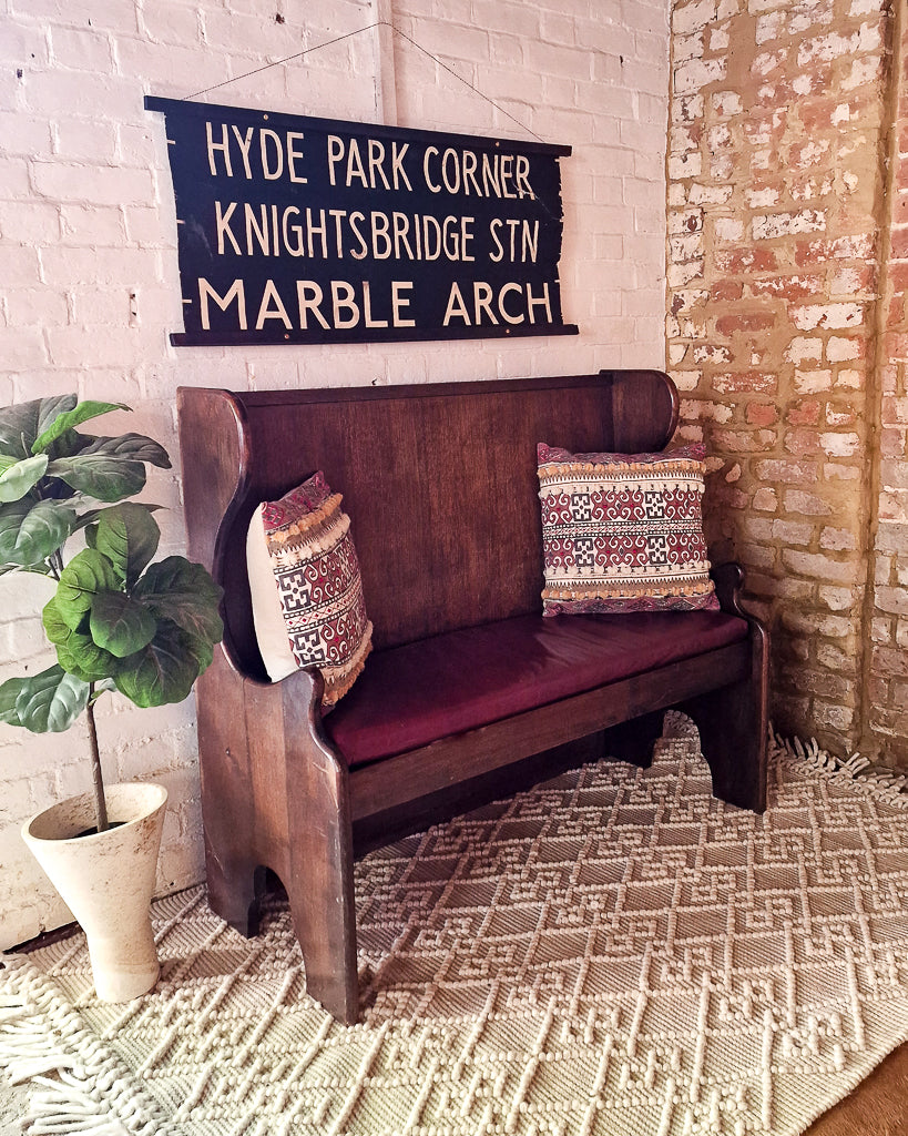 Mid Century 1930s / 1940s Oak & Burgundy Leather Seat Hallway Bench / Settle