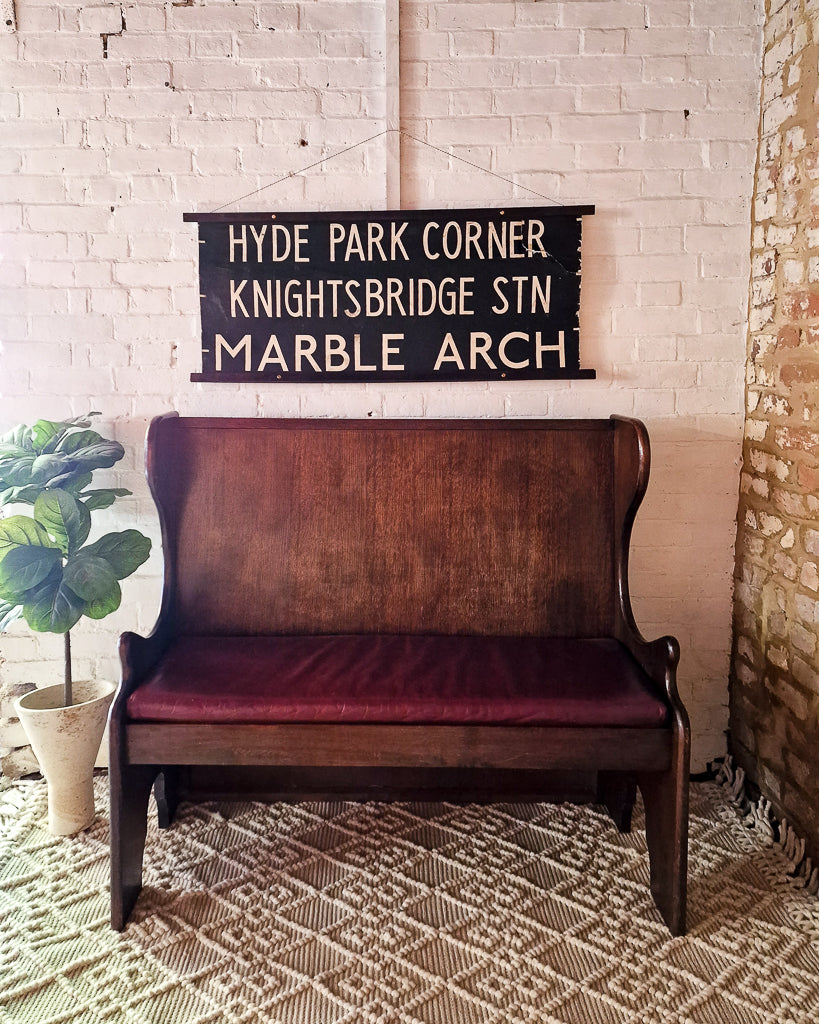 Mid Century 1930s / 1940s Oak & Burgundy Leather Seat Hallway Bench / Settle