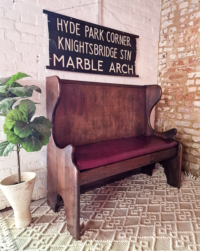 Mid Century 1930s / 1940s Oak & Burgundy Leather Seat Hallway Bench / Settle