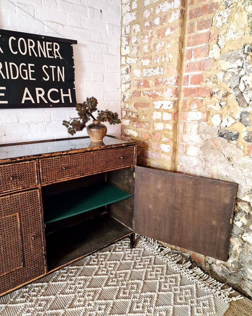 Mid Century Dark Brown Bamboo and Rattan Sideboard