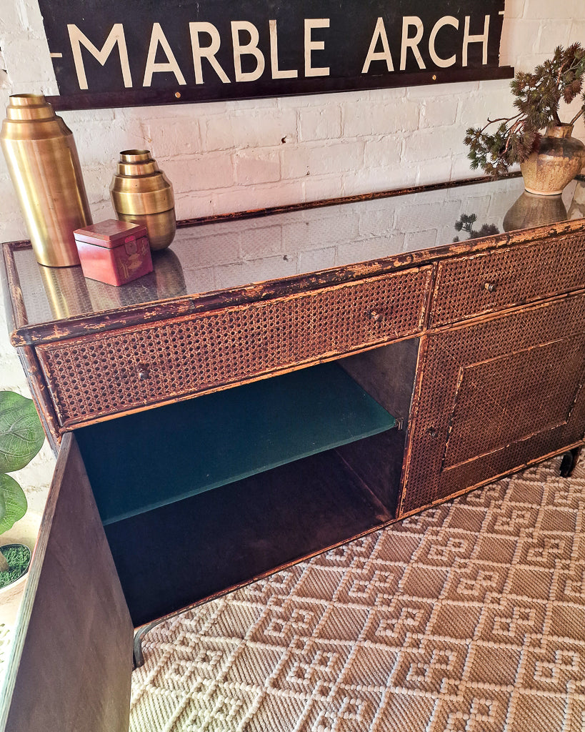 Mid Century Dark Brown Bamboo and Rattan Sideboard