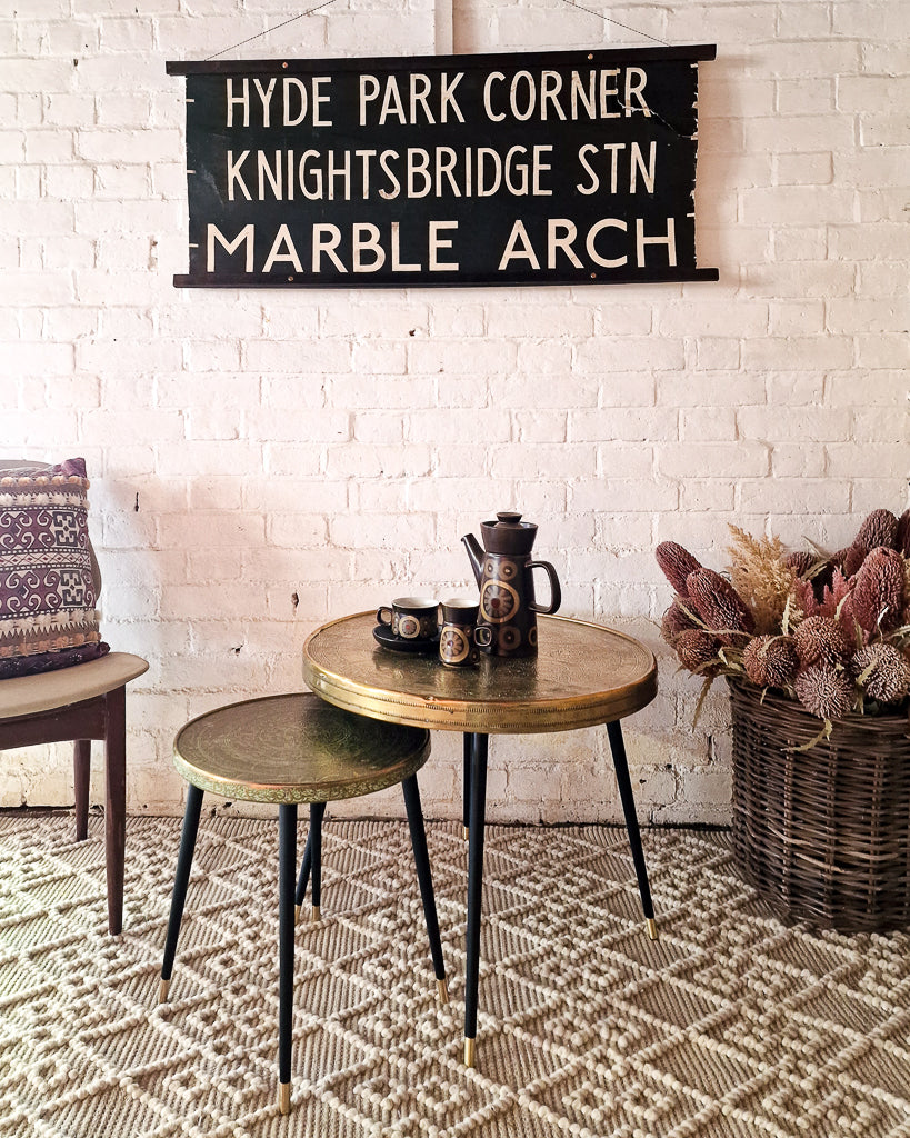Vintage Indian Brass Top on Dansette Legs Side Table Set