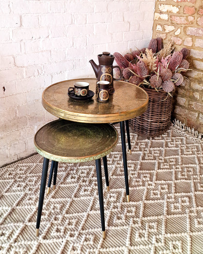 Vintage Indian Brass Top on Dansette Legs Side Table Set